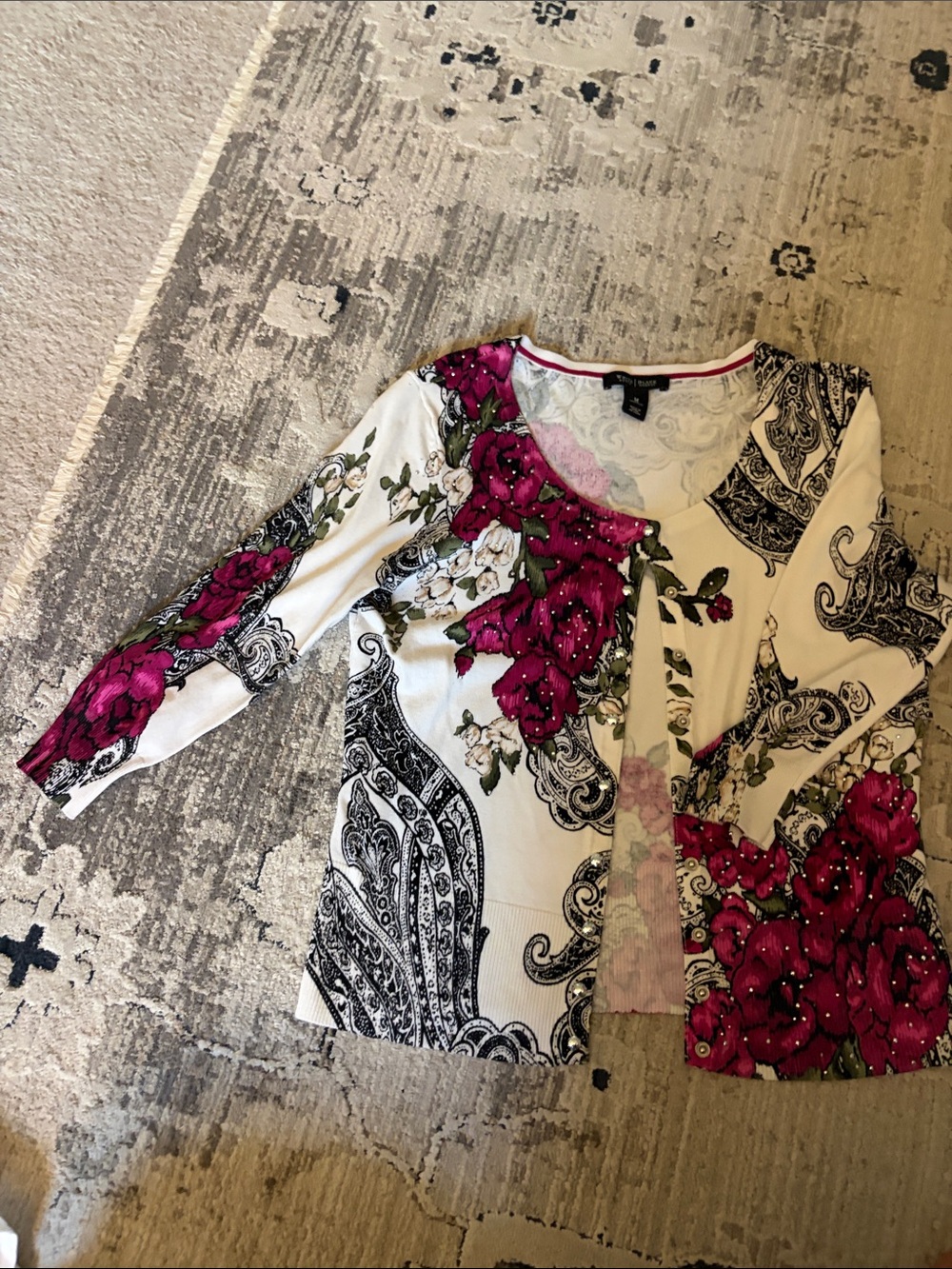 White House Black Market Cardigan with Fuchsia Floral & Black Paisley